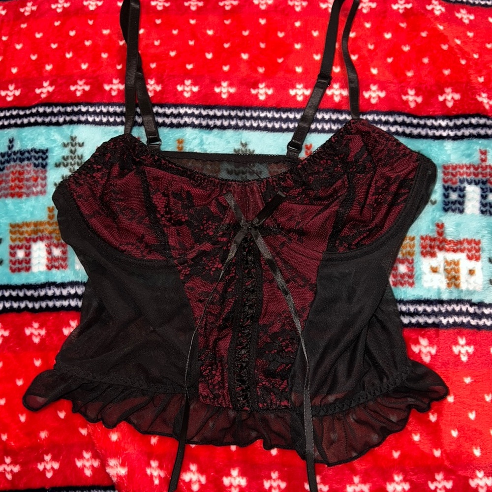 lacey red and black top with bow